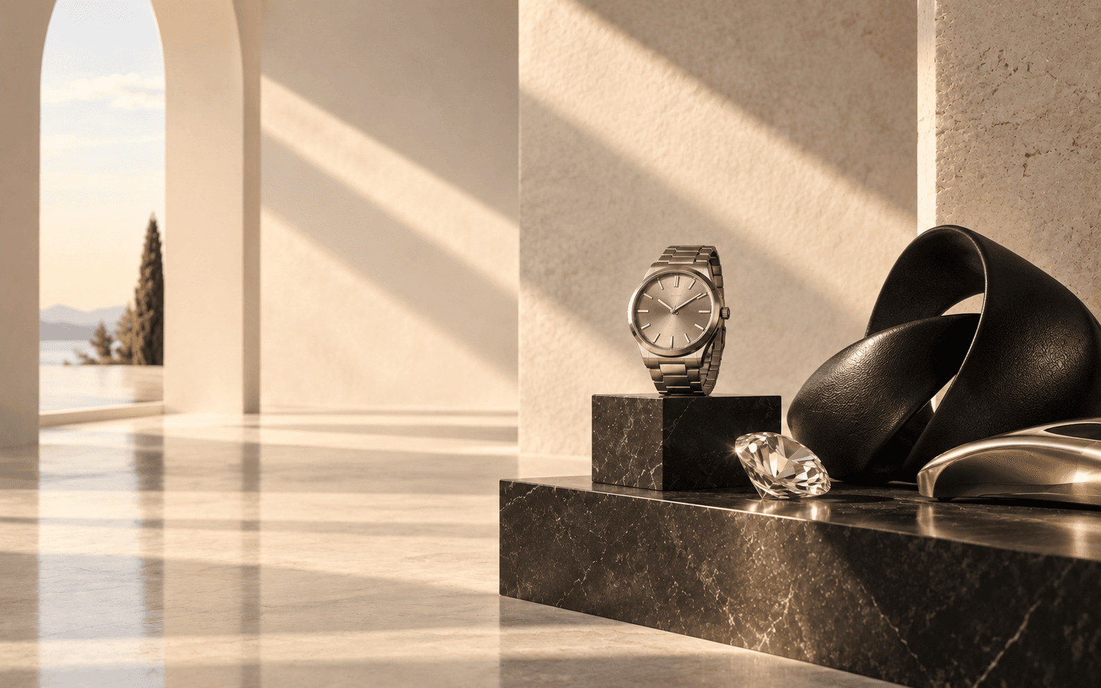 Unbranded luxury culture objects in a sunlit gallery